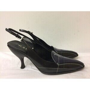 Prada Women Leather Brown purple  Accent Pointed Toe Slingback heels SZ 37.5